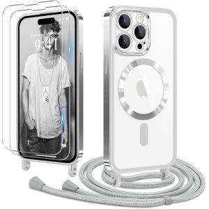 Kal-Coque Pour Iphone 15 Pro Max Avec Cordon De Collier + 2×Verre Trempé, Coque Transparente Silicone Tpu Bumper Etui Housse Avec Cordon Réglable, Coque Magnétique Pour Iphone 15 Pro Max Argent - Neuf