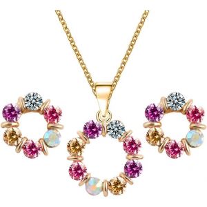 Meimie-3pcs Parure Ensemble De Bijoux Femme,Parure De Bijoux Boucles D'oreilles Collier En Forme De Fleur Avec Zircon Cubique Coloré Ensemble De Bijoux Hypoallergénique Bijoux Cadeaux Pour Femme - Neuf
