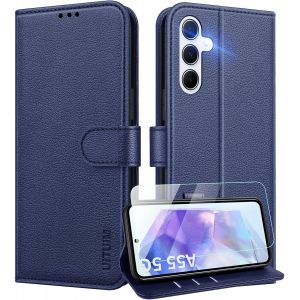 Kal-Coque Pour Samsung Galaxy A55 5g Coque Etui Portefeuille Cuir Avec Verre Tremp&eacute; Protection &Eacute;cran Porte Carte Rabat Clapet Flip Case &Eacute;tui Cover Housse Etui Pour Samsung Galaxy A55 5g,Bleu - Neuf
