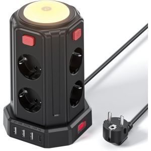 12 en 1 Multiprise avec Interrupteur (3600W/16A), 2M Tour Multiprise with 4 USB Ports and 8 Sockets, avec Lumi&egrave;re pour Le Bureau et la Maison - Neuf