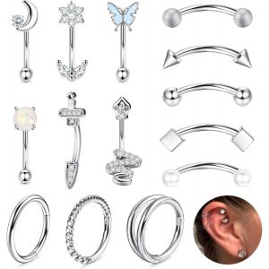 Nbgcm-14 Pcs Piercing Rook Acier Chirurgical 16g Rook Daith Boucles D'oreilles Or Argent Nez Piercing Arcade Femme Cz Opale Courbe Barbell Piercing Cartilage Oreille Bijoux Pour Femmes - Neuf