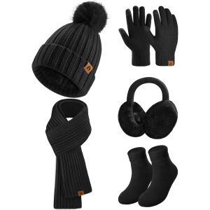 Tricot&eacute;s Ensemble Bonnet Femme Hiver &Eacute;charpe Gants D'&eacute;cran Tricot Ensemble Cache Oreilles Chaussettes &Eacute;charpe Femme Gants Set 5 Pi&egrave;ces Doublure Polaire Hiver Chaud Echarpe Ensemble Chauffant - Neuf