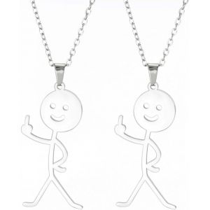 Kales-Collier Drôle De Griffonnage-2pcs Collier De Doigt Du Smiley En Argent,Collier De Geste Du Doigt Du En Érection D'allumette Cadeau Drôle (Argent) - Neuf