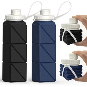 Lot De 2 Bouteilles D'eau Pliables En Silicone - L&eacute;g&egrave;res, S, &Eacute;tanches - Pour Voyage, Camping, Randonn&eacute;e, Sports De Plein Air (Noir + Bleu Fonc&eacute;) - Neuf