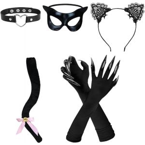 Lot De 5 Costumes De Chat Pour Femme - Serre-T&ecirc;te - Collier Queue De Chat - Masque De Chat - Gants - Costume De Carnaval - Costume De Cosplay Pour Femme - Halloween - Accessoire De F&ecirc;te - Neuf