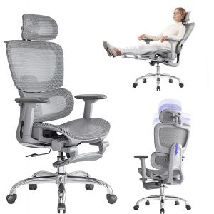 SUBZONAL-Chaise de Bureau Ergonomique avec Repose-Pieds, Fauteuil Ergonomique 5 Niveaux R&eacute;glage Dossier, Support Lombaire 2D et Accoudoirs/T&ecirc;te 3D, Si&egrave;ge/T&ecirc;te/Dos en Maille Respirante, Gris - Neuf