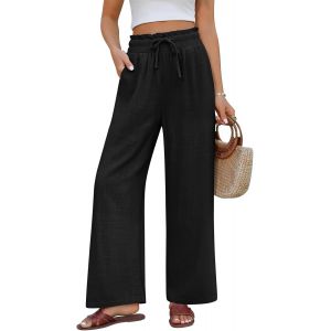 Pantalon Lin Femme &Eacute;t&eacute; Coton Fluide Large Elegant D&eacute;contract&eacute; Pantalon Taille Haute &Eacute;lastique Avec Cordon L&eacute;ger Jogging Pants De Plage Avec Poches - Neuf