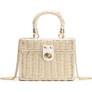 TZF-Sac en Rotin Tressé à La Main pour Les Femmes-Osier Carré D'été Paille Plage Bandoulière sac à Bandoulière,Marron - Neuf