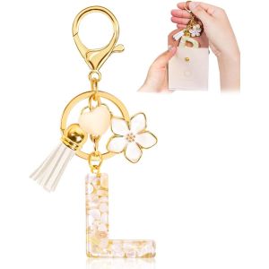 Kal-Porte-Clés Pour Fille Lettre, Porte-Clés Pour Femme Avec Lettre Initiale, Alphabet Pendentif Initiale En Résine, Keyring Avec Pendentif Amour Et Pampille, Cadeau Pour Femme Beige - Neuf