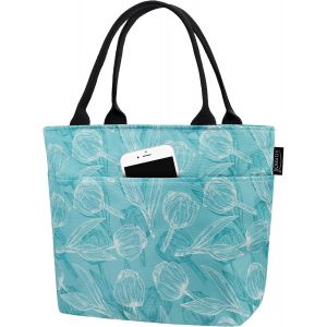 TIANYI-Sac à Déjeuner Isotherme avec Pochettes de Rangement Style Élégant Femme, Sac à Main Isolé en Doublure Étanche Grand Sac de Pique-nique pour Travail Plage Camping Vacances, Vert & Tulipe - Neuf
