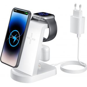 Chargeur Induction 3 En 1, Chargeur Rapide Chargeur Induction Chargeur Station Compatible Avec Iphone 16/15/14/13/12 Pro/Pro Max,Apple Watch Ultra/10/9/8/7/Se/Se2/6/5/4/3 Airpods321/Pro1 Blanc - Neuf