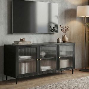 Meuble TV HWC-O87, meuble TV bas, buffet, portes, compartiments de rangement, style industriel, m&eacute;tal, verre cann&eacute;, 58 x 120 x 40 cmnoir - Neuf