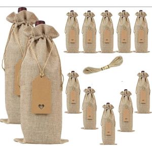 12 Sacs À Vin En Toile De Jute Avec Cordon De Serrage - Couleur Chanvre Brut, Sacs À Vin Réutilisables Pour Les Fêtes - Neuf