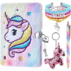 Ensemble de cahier de licorne en peluche-Cahiers pour filles Agenda privé Broderie Voyage scolaire bloc-notes Stylo Gel Porte-clés Bracelets Serrures Clés Cadeau de Noël d'anniversaire - Neuf