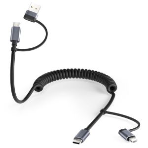 Iphone 16 15 Pro Max Usb C Cable Spiral Car 1.2m, Multi Usb Cable 4 In 1 Universal Charging Apple Carplay Type C With Usb A/Lightning Ports For Iphone 14 13 12 11 Xr Xs 8 Plus Mini - Neuf