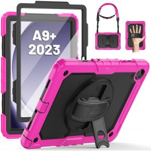 Coque Pour Samsung Galaxy Tab A9 Plus /A9+ 11 Pouces 2023, Coque Antichoc Avec Protecteur D'&Eacute;cran, Support Rotatif &Agrave; 360&deg;/Dragonne, Bandouli&egrave;re, Avec Porte-Stylo, Noir/Rose - Neuf
