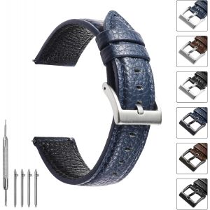 Bracelet Montre En Cuir 20mm, Bracelet De Montre Noir Pour Homme En Cuir Litchi, Bracelets Montres Souple De Remplacement, Montre Bracelet Avec Boucle Argentée, Bleu-Boucle Argentée - Neuf