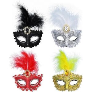 Lot de 4 masques de mascarade pour femme, demi-masques de Mardi Gras, masque de mascarade en plumes pour déguisement du réveillon du Nouvel An, bal masqué d'Halloween - Neuf