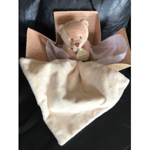 Doudou Peluche Ours Marron Clair Tenant Un Mouchoir Cr&egrave;me Doudou Et Compagnie16cm - Neuf