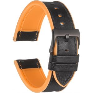Kal-Bracelets De Monture En Cuir V&eacute;ritable 22mm De Largeur Bracelets De Monture Souples &Agrave; Lib&eacute;ration Rapide Avec Doublure En Silicone Imperm&eacute;able, Noir Orange - Neuf