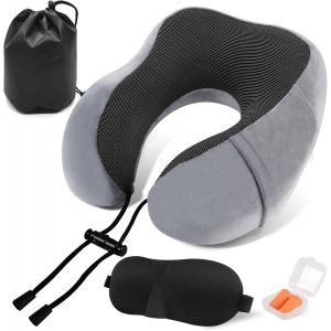 Trahoo-Coussin De Voyage, Oreiller De Voyage En Mousse À Mémoire De Forme, Coussin Avion Avec Masque De Sommeil Bouchons D'oreilles Et Pochette De Transport, Coussin De Nuque Pour La Voiture - Neuf