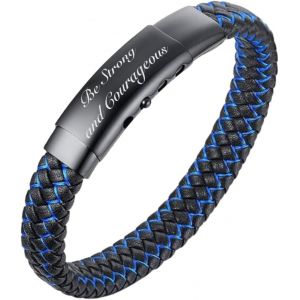 Trahoo-¿ Veille De Nuit ¿ Le Bracelet De L`Homme En Cuir Véritable Noire Cordon Rouge/Bleu Fermoir Magnétique Titane 21.5cm Avec Le Boîte-Cadeau Gratuit - Neuf