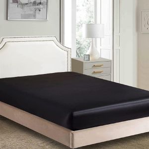 Drap-Housse Classique En Satin Soyeux Et Soyeux, Couleur Unie, Noir, Lit Double (140 X 190/200 + 30 Cm) - Neuf
