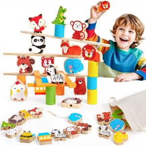 ChenQuanSarl-35 Pi&egrave;ces Animaux Jouets &Agrave; Empiler En Bois, Animaux Perles En Bois &Agrave; Enfiler, Montessori &Eacute;ducatif Jouet Cadeau Pour Enfants Gar&ccedil;ons Filles 2 3 4 5 Ans - Neuf