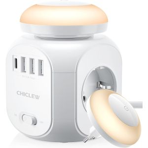 Power Strip Surge Arrester With Usb, Cube Electric Power Strip With 4 Sockets, 3 Usb Ports And 1 Type-C Port, Electric Socket With 1.8 M Extension Cord And Led Night Light For Office, Home, - Neuf