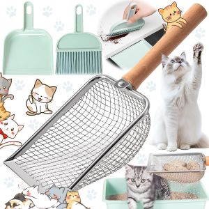 Cmws-3 Pi&egrave;ces Pelle Liti&egrave;re Chat Set, Pelle Litiere Chat Acier Inoxydable, Pelle &Agrave; Liti&egrave;re Avec Manche En Bois, 2.5mm Pelle &Agrave; Liti&egrave;re Pour Chat &Agrave; Mailles Fines, Avec Ensembles Balais En Plastique - Neuf