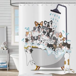 Sjzg-Rideau De Douche Dr&ocirc;le 165x180, Animal De Bande Dessin&eacute;e Chat Et Chien Enfants Color&eacute; Adorable Hilarant, Imperm&eacute;able Polyester Tissu Pour Bain - Neuf