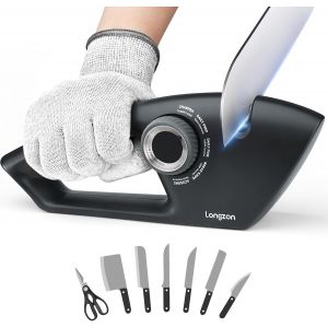 MEVRONISSHOP-Aiguiseur Couteaux, 5 en 1 Affuteur Couteau Professionnel avec une paire de Gants Anti-coupure, Aiguiseurs Manuels de Couteaux &agrave; Bouton R&eacute;glable, pour Couteaux en Acier et Dentel&eacute;s - Neuf