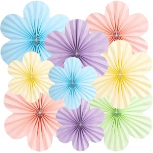 ERYI-Lot De 9 Éventails En Papier - Guirlande À Suspendre - Bleu Rose Violet - Fleurs - Éventails En Papier - Vert Clair - Jaune Clair - Décoration De Fête Pour Mariage, Anniversaire, Table De - Neuf