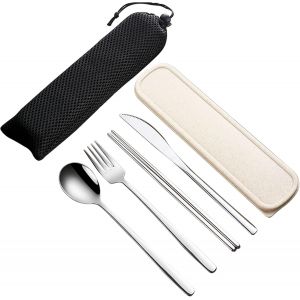 Chicslick-Ensemble De 4 Couverts En Acier Inoxydable 18/10 Avec Boîte Couverts Portables Avec Fourchette, Cuillère, Couteau, Baguettes De Déjeuner, Voyage, Camping (Argent)[X1955] - Neuf