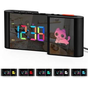 Réveil, réveil de chevet avec dessin animé mignon, grande horloge miroir de 18,3 cm, 11 couleurs numériques, 10 couleurs RVB, affichage de la semaine, gradation automatique, double alarme, port USB, 5 - Neuf