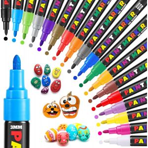 Meimie-Marqueur Peinture Acrylique,18 Couleursmarqueur Acrylique Ensemble De Stylos De Peinture À L'encre À Base D'huile À Séchage Rapide Pour Galet,Pierre,Verre,Céramique,Textile(3mm Nib) - Neuf