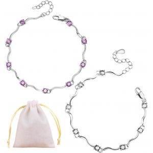 Kalsw-Lot De 2 Bracelets Pour Femme Avec 1 Sac De Rangement,Bracelet En Oxyde De Zirconium,Bracelet En Bambou Argent&eacute;,Bracelet En Cristal,Cadeau Pour Fille,16+3,7cm - Neuf