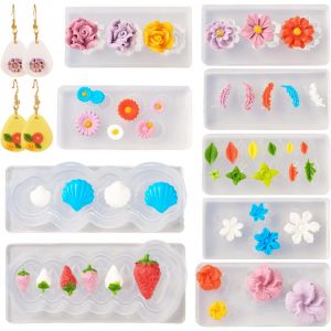 Lot De 9 Moules En Argile Polym&egrave;re En Forme De Fleur, Coquillage, Feuille, Fraise, Cabochon En R&eacute;sine De Silicone Pour R&eacute;sine &Eacute;poxy Uv - Neuf