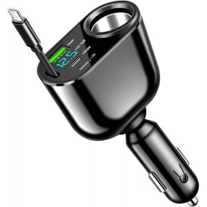 KALANKA-5-en-1 Chargeur Allume-Cigare Voiture USB-C R&eacute;tractable PD3.0 30W Charge Rapide Ports USB-A/USB-C 180&deg; R&eacute;glable 12V/24V pour iPhone 15/16/17 Samsung Galaxy S24/S25 & Plus (Mod&egrave;le 2) - Neuf