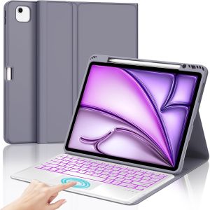 Clavier Ipad Air 13 Pouces (M2 2024/M3 2025) Avec Pavé Tactile, Rétroéclairé 7 Couleurs Azerty Français Clavier Coque, Étui Clavier Trackpad Détachable Bluetooth Pour Ipad Air 13, Pourpre Lavande - Neuf