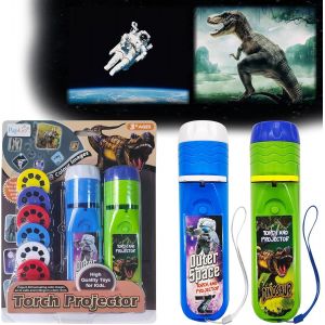 DDA-Pack de 2 Torches et Projecteurs Dinosaures & Espace Cosmique, 6 disques et 48 Images, Jouets Dino Cool pour Garçons et Filles, Lampe de Poche Scientifique, pour Enfants 3+ - Neuf