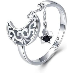 Bague Croissant De Lune Et D'&eacute;toile En Argent Sterling Avec Pampille R&eacute;glable Pour Femme Et Fille, Plaqu&eacute; Or Blanc[X1012] - Neuf