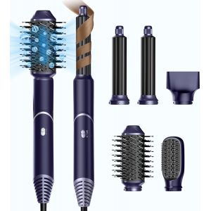 Sèche Cheveux 5 En 1 Air Brush Ionique Brosse Soufflante Airstyler 5 En 1 Avec Brosse Chauffante Brushing Boucleur A Cheveux Appareils Et Outils De Coiffure Coffret Cadeau Femme, Bleu/Argent - Neuf