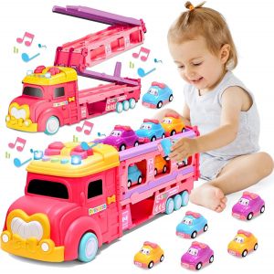 Kajgl-Jouet De Voiture À Partir De 2 Ans,Jouet De Camion Avec Lumière Et Musique,Camion De Transport,Voiture De Transport Pour Enfants Avec 6 Voitures De Course,Cadeaux D'anniversaire Pour Filles De - Neuf