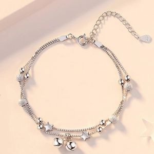 Bracelet Femme Double Couche Cloche Bracelet Cha&icirc;ne En Argent Bracelet &Eacute;toile Bracelet En Argent Avec &Eacute;toiles Cloche Et Perles Pour Femmes, Filles Bracelets[Bra9202129] - Neuf