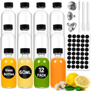Lot De 12 Bouteilles À Shot À Remplir,De 60 Ml,Petits Verres À Shot Avec Couvercle,Bouteilles En Verre À Remplir Avec Entonnoir,Étiquettes,Stylo Et Brosse,Mini Bouteilles Pour Jus - Neuf