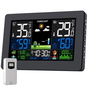 Station M&eacute;t&eacute;o Num&eacute;rique Sans Fil avec Capteur Ext&eacute;rieur, &Eacute;cran LCD Color&eacute;, Barom&egrave;tre, Phase de Lune, Alarme, R&eacute;veil, Pr&eacute;vision M&eacute;t&eacute;o, R&eacute;tro&eacute;clairage R&eacute;glable, Blanc - Neuf