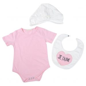 Lot De 3 Bonnets Unisexes Pour Bebe, Combinaison, Serviette De Salive, Couleur Unie, Imprime Lettres (Rose 80) - Neuf