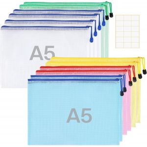 Eryi-12 Pièces Pochette Document Zippée A5 - Pochette Rangement Étanche - Pochette Plastique A5 Pour Fourniture Bureau, Voyage (5 Couleurs) - Neuf