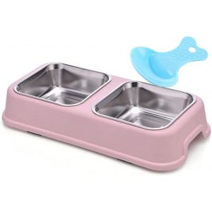 Kalanka-Double Gamelle En Acier Inoxydable Antidérapante Et Anti-Déversement Avec 1 Cuillère À Nourriture Pour Petits Chiens Et Chats (Carré-Rose, S) - Neuf